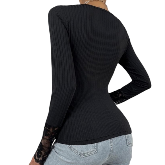 Shein Womens V Neck Lace Trim Rib Knit Long Sleeve Casual Tops 0XL - Picture 12 of 12